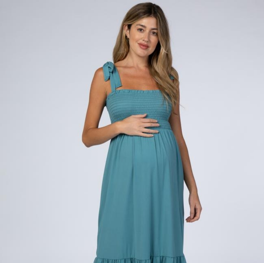 Teal Smocked Midi Dress